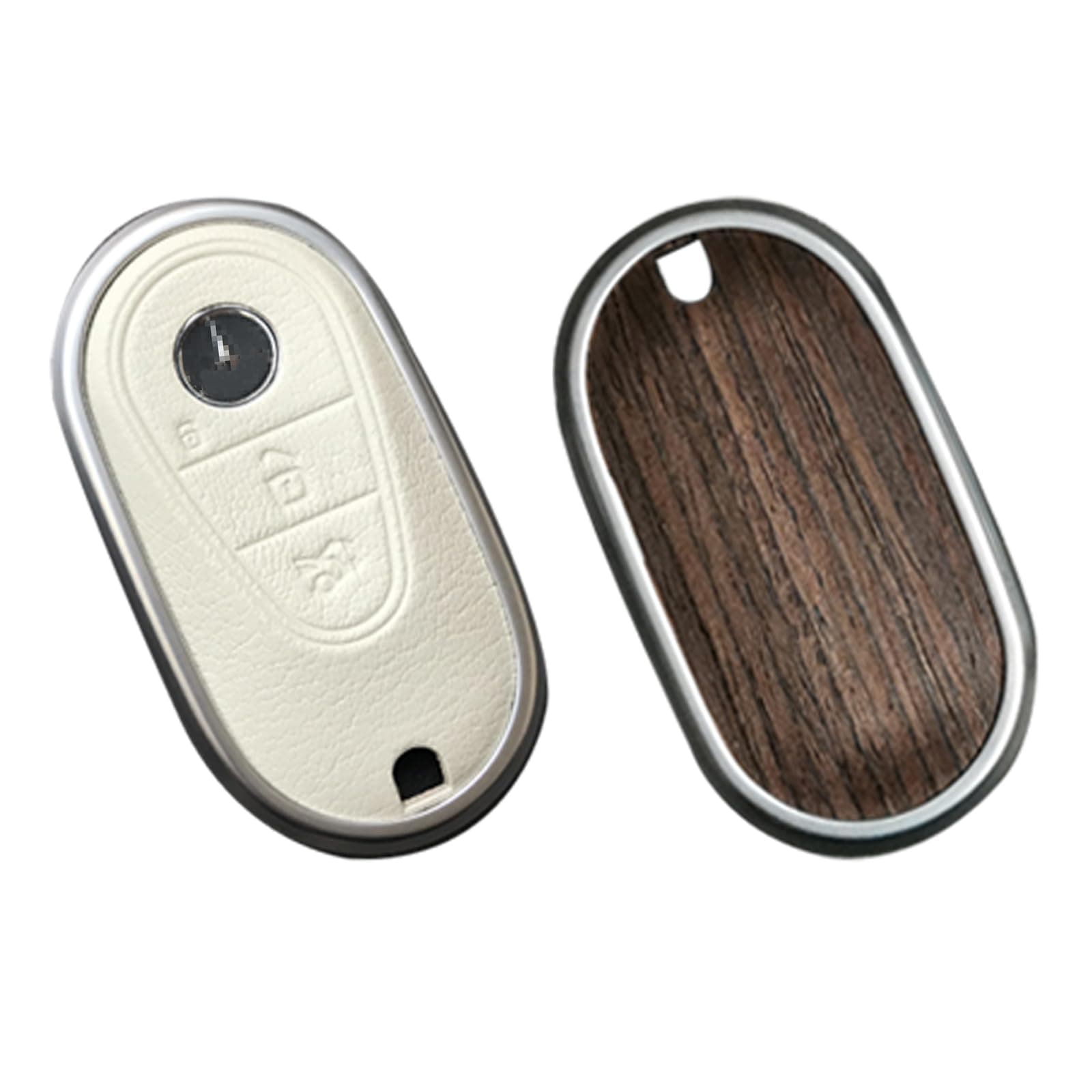 for Mercedes Benz Key case Key fob Cover Made of Real Wood Veneer Genuine Leather Key Fob Shell Gift Compatible C GLC E S ect 2022-2023-newer (Walnut, White Leather)