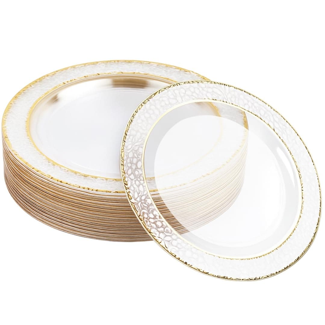20 Reusable 10 Inch Clear Plastic Party Plates Hammered Gold Rim - Premium Heavy Duty Dinner Plates, Elegant Fancy Plastic Plates for Wedding, Bridal Shower, Birthday Party, Events & Picnic
