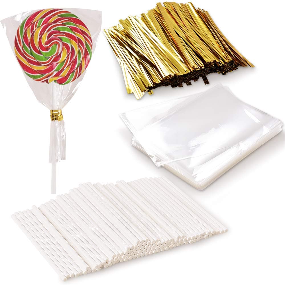 – 1000 PCS Lollipop Set Including 100 Pack Lollipop Treat Sticks, 100 Pieces of Lollipop Parcel Bags, and 800 Pieces of Wire Lines