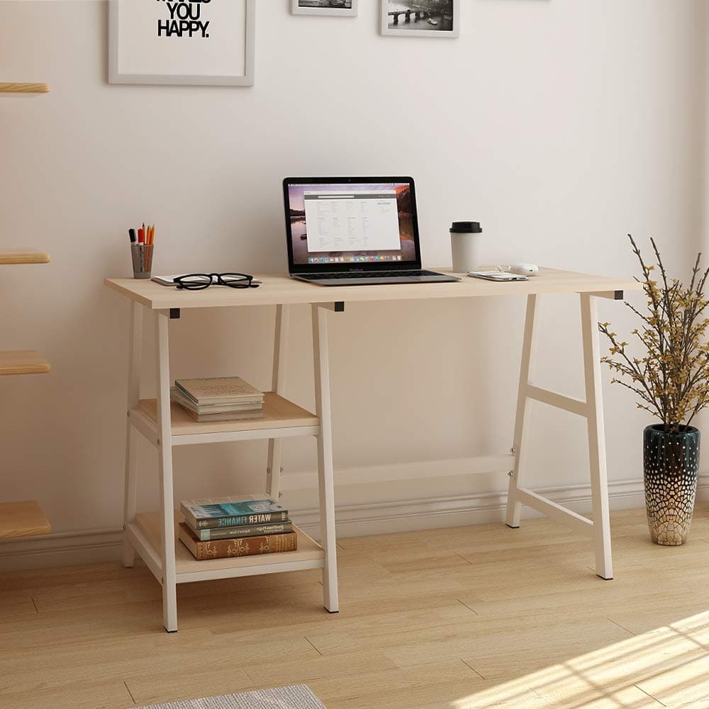 SogesPower 47 inch Computer Desk Desk with Storage Shelves Laptop Table PC Desk Ladder Desk for Home Office Student Writing Desk, White Maple, SPWK-Tplus-120MO