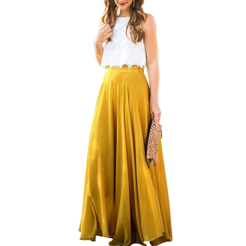 Miss FortanWomen's Chiffon Solid Elastic High Waist Long Maxi Skirt Lady Girls Casual Dress Skater Flared Pleated Floor-Length