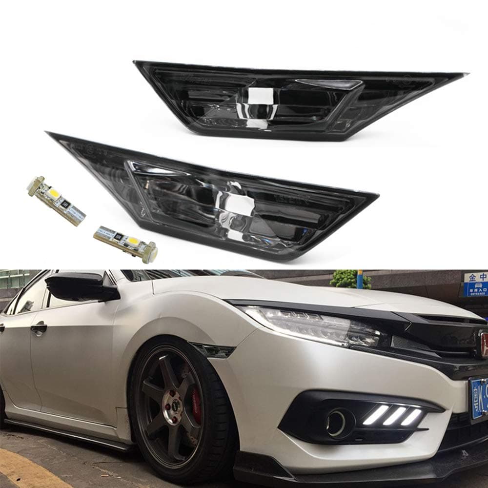 Front LED Side Marker Lights for Honda Civic 10th Gen 2016-2021 Coupe Hatchback With 2Pcs T10 Light Bulbs OEM#HO2551127N