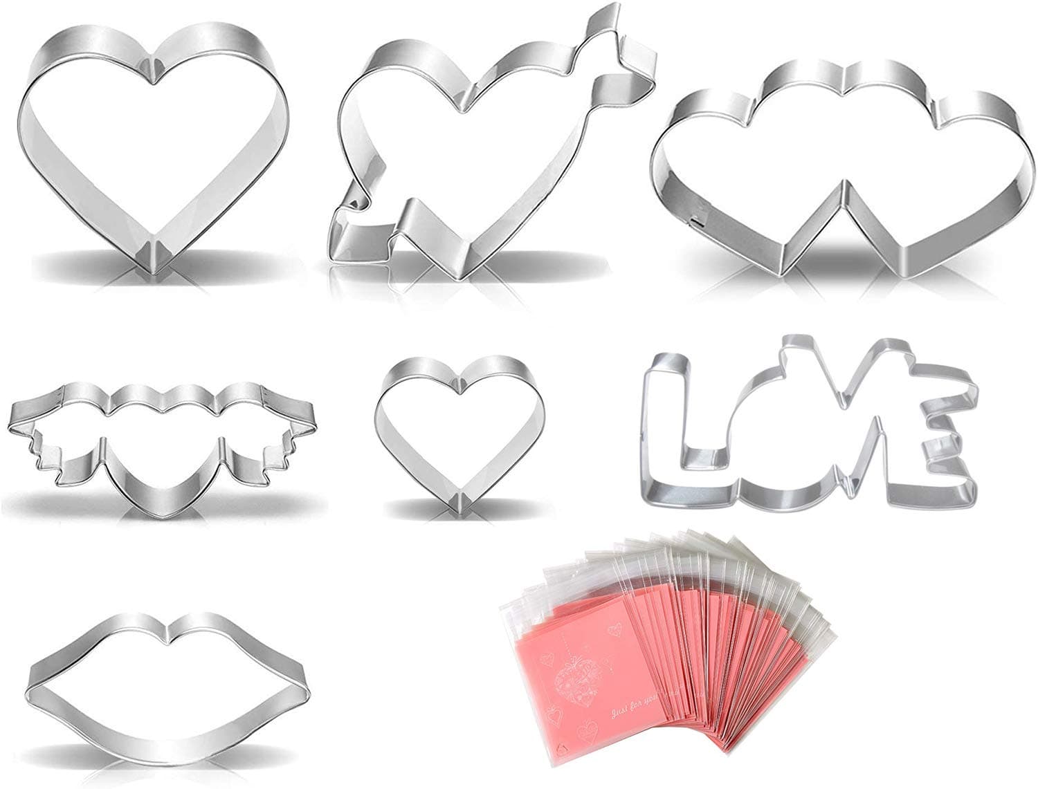 Heart Cookie Cutter Set 5 Pcs with 100 Pcs 4" Clear Pink Heart Biscuit Bags - Valentine's Day Cookie Cutters Set Stainless Steel Biscuit Pastry Cutters