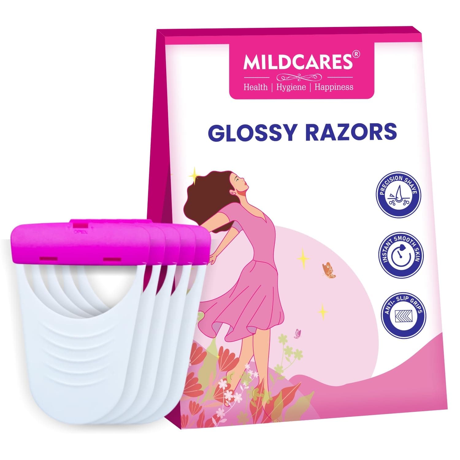 MildCares Glossy Disposable Body Razor for Women – Single-Use Only | Pack of 1 (5 Razors) | Painless Hair Removal Razor for Legs, Bikini & Underarms | Safe Shaving with No Cuts or Irritation | Anti-Slip Grip, Protective Cover & Travel-Friendly