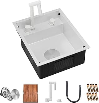 TORVA RV Kitchen Sink, 15 x 18 x 7 Inch Undermount Bar Sink 16 Gauge Stainless Steel Single Bowl Sink with Foldable Faucet Cutting Board, White