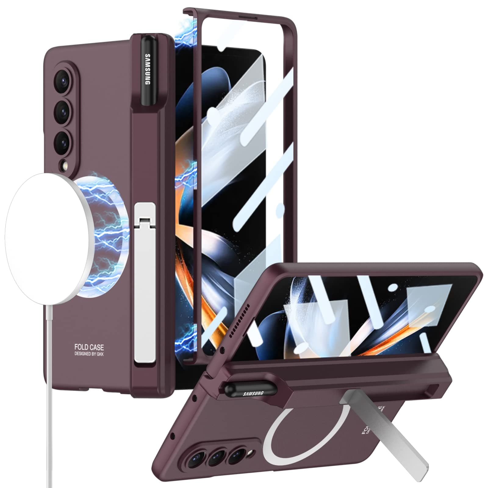 DOOTOO Magnetic Case for Samsung Galaxy Z Fold 4 Hinge Protection with S Pen Holder Case, Compatible with Magsafe Wireless Charger Built-in Screen Protector & Kickstand Full Body Case (Wine Red)