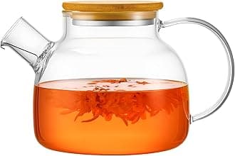 Glass Teapot Stovetop 34oz/1000ml, Borosilicate Clear Tea Kettle with Removable 18/8 Stainless Steel Infuser,Glass Tea Kettle with Wooden Lid, Teapot for Loose Leaf Tea Fruit Tea Fragrant Tea