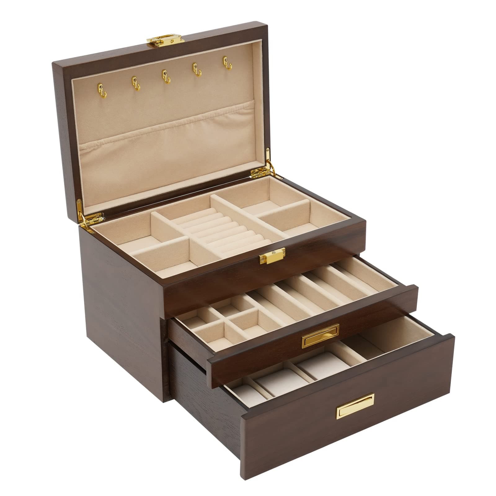 LOYALHEARTDYLOYALHEARTDY 3 Layers Wooden Jewelry Box Drawer, Large Jewelry Box Organizer for Women for Ring Necklace Earring Bracelet Organizer Storage Display Box (Black Walnut)