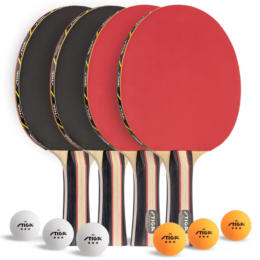 STIGA Performance 4 Person Ping Pong Paddle Set of 4 - Table Tennis Racket with 6-3 Star Orange and White Ball