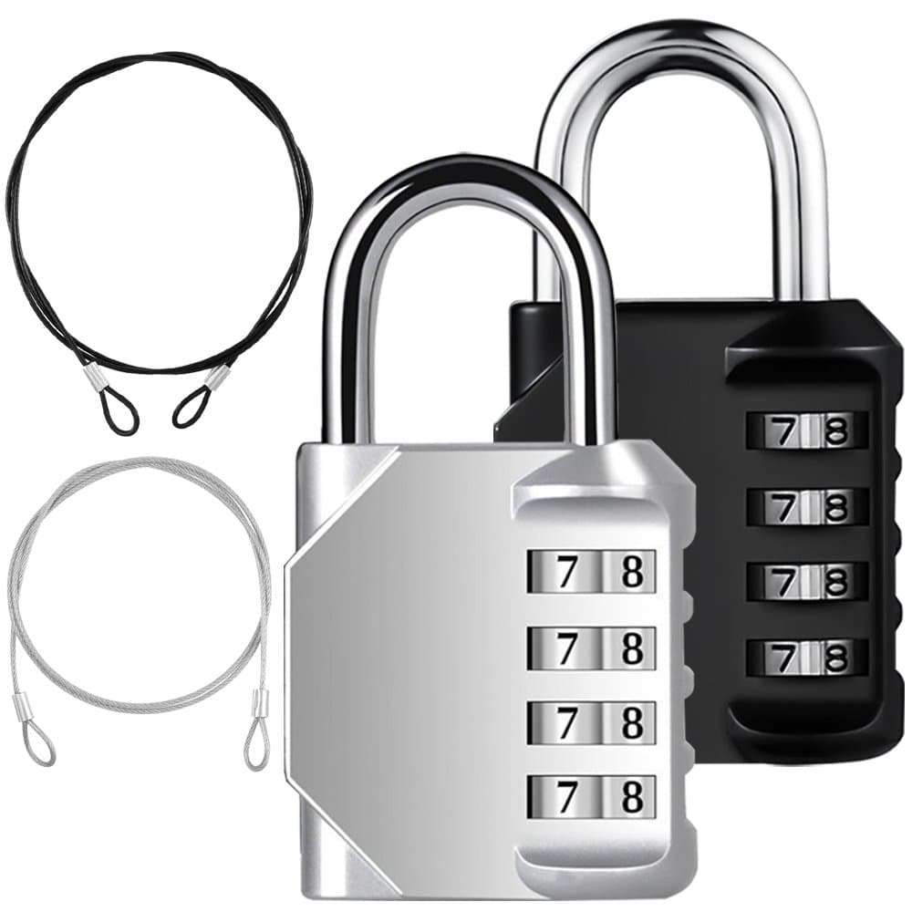 YuCool 2 Pack Combination Padlock, 4 Digit Lock Codes+ 2 Stainless Steel Security Tether for Protect your Storage - Pack of 4 (Black, Silver)