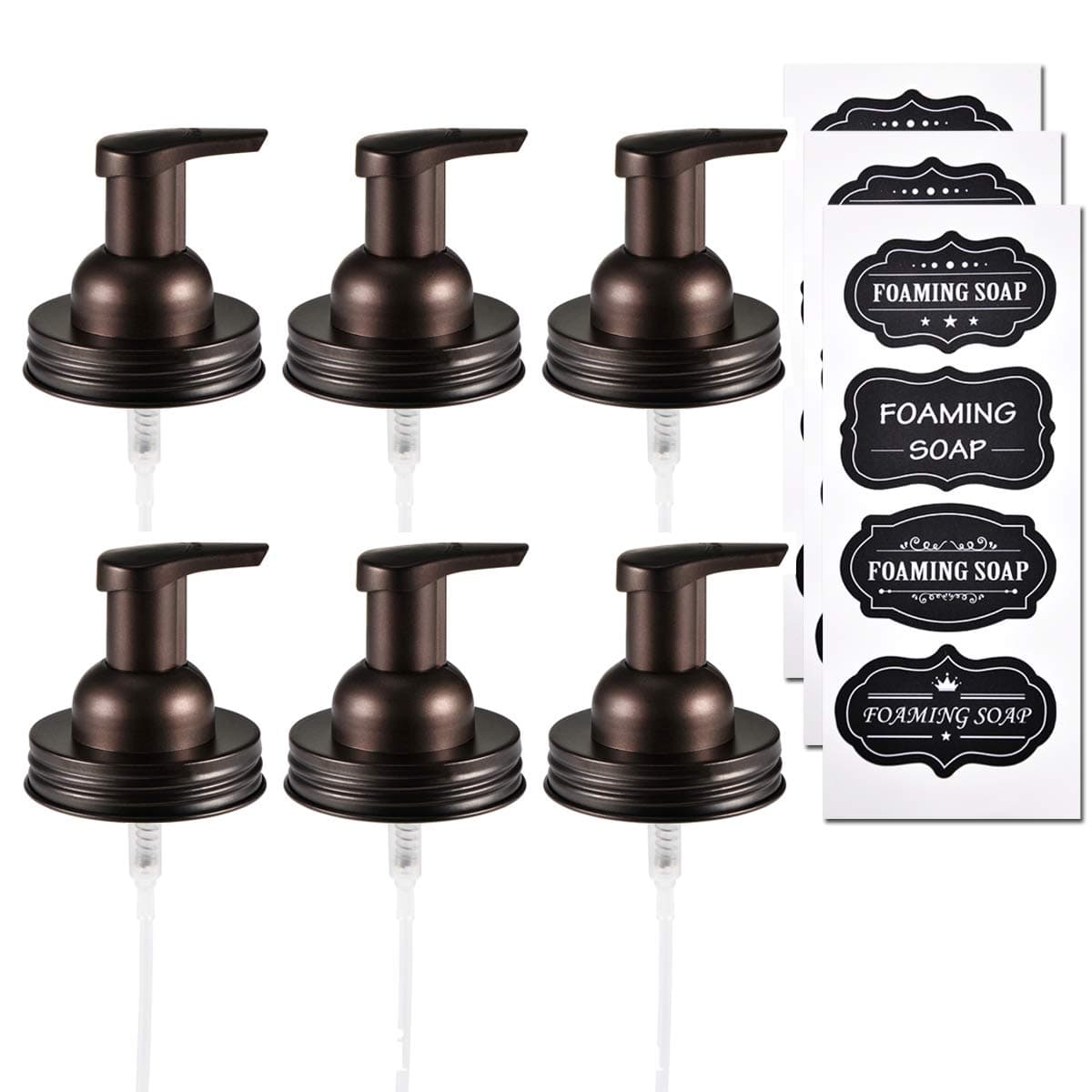 Amolliar Mason Jar Foaming Soap Dispenser Pump Lids, Foaming Pump Replacement Kit for Pint Regular Mouth Mason Jar, Refill Hand Soap, Waterproof Labels, Kitchen Bathroom Farmhouse Decor, Bronze 6 Pack