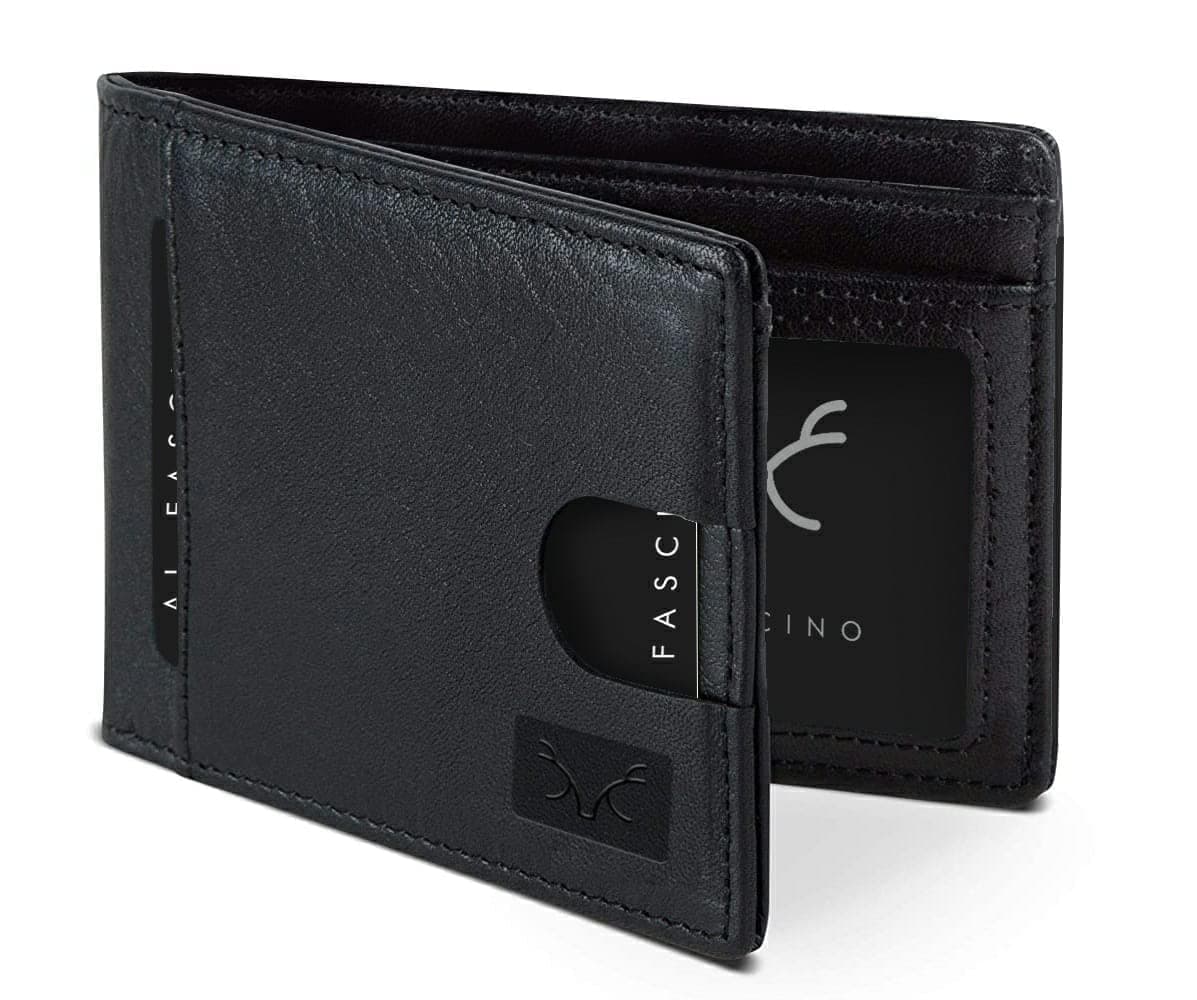 Minimalist Leather Wallet for Men - Ultra Strong Stitching, Slim RFID Card Holder, 8 Card Slots (Black Small)