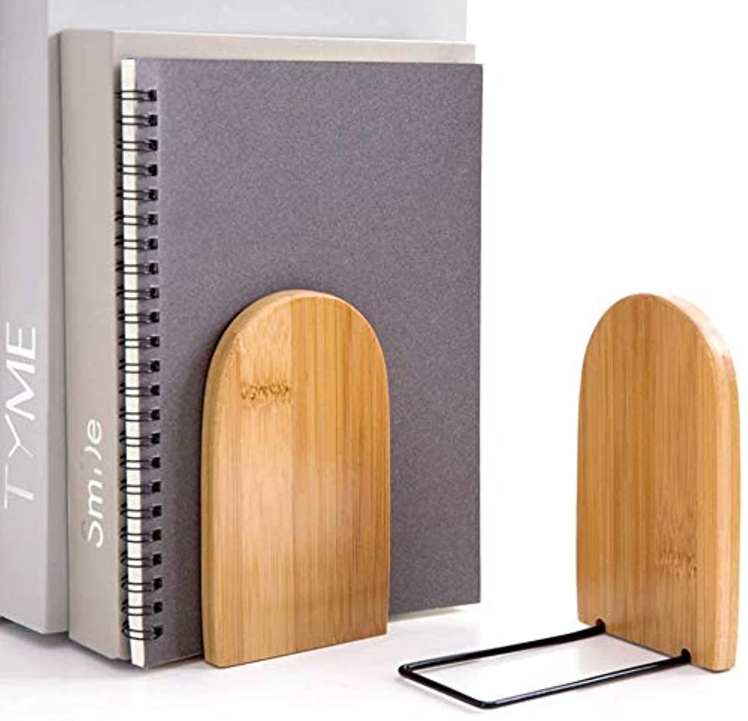 Natural Bamboo Bookend,1 Pair Wood Heavy Duty Book End Anti Slip Book Stand Holder Bookshelf Ends Home School Office Desktop Organizer