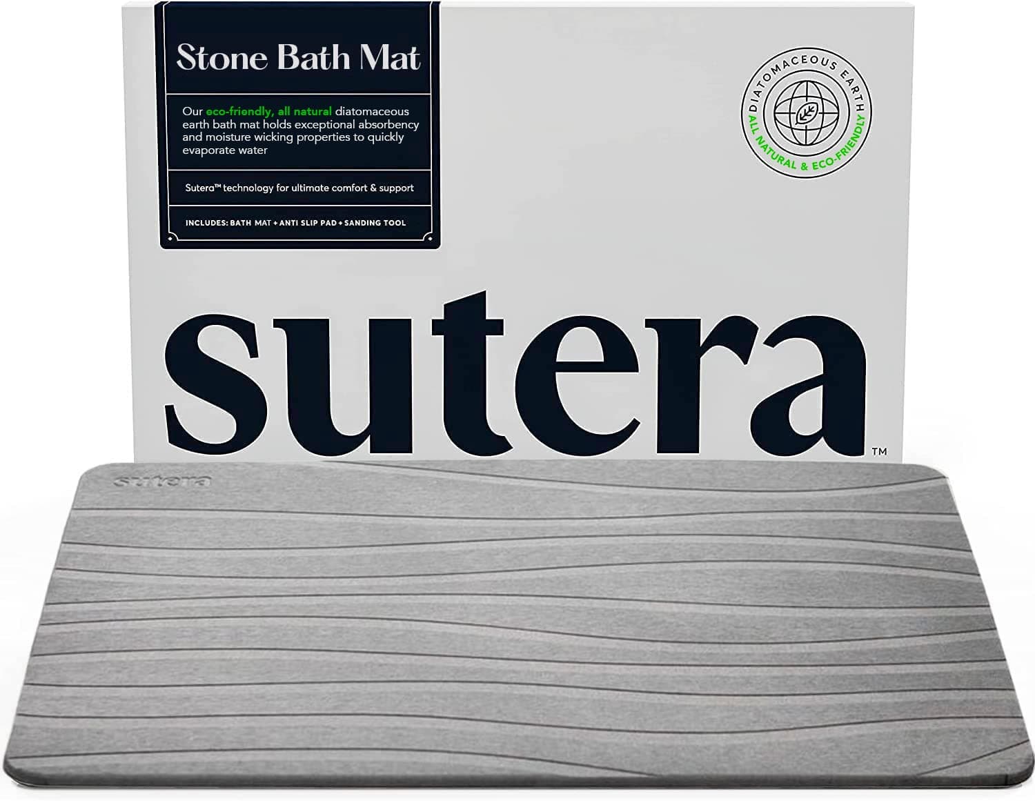 SUTERA Diatomaceous Stone Bathmat | Ultra-Absorbent, Quick-Drying Bath Mat | Slip-Resistant Surface for Safer Bathrooms | Charcoal Grey Finish | 23.5" x 15" (1 Pack)