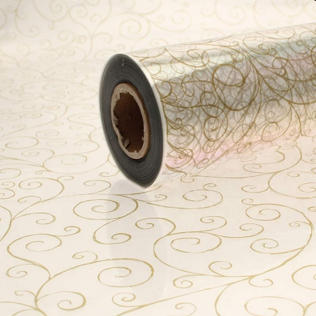 Gold Scroll Cellophane Wrap. 15m x 80cm. Florist Quality / Bouquet / Gift / Basket Wrapping (15 M)