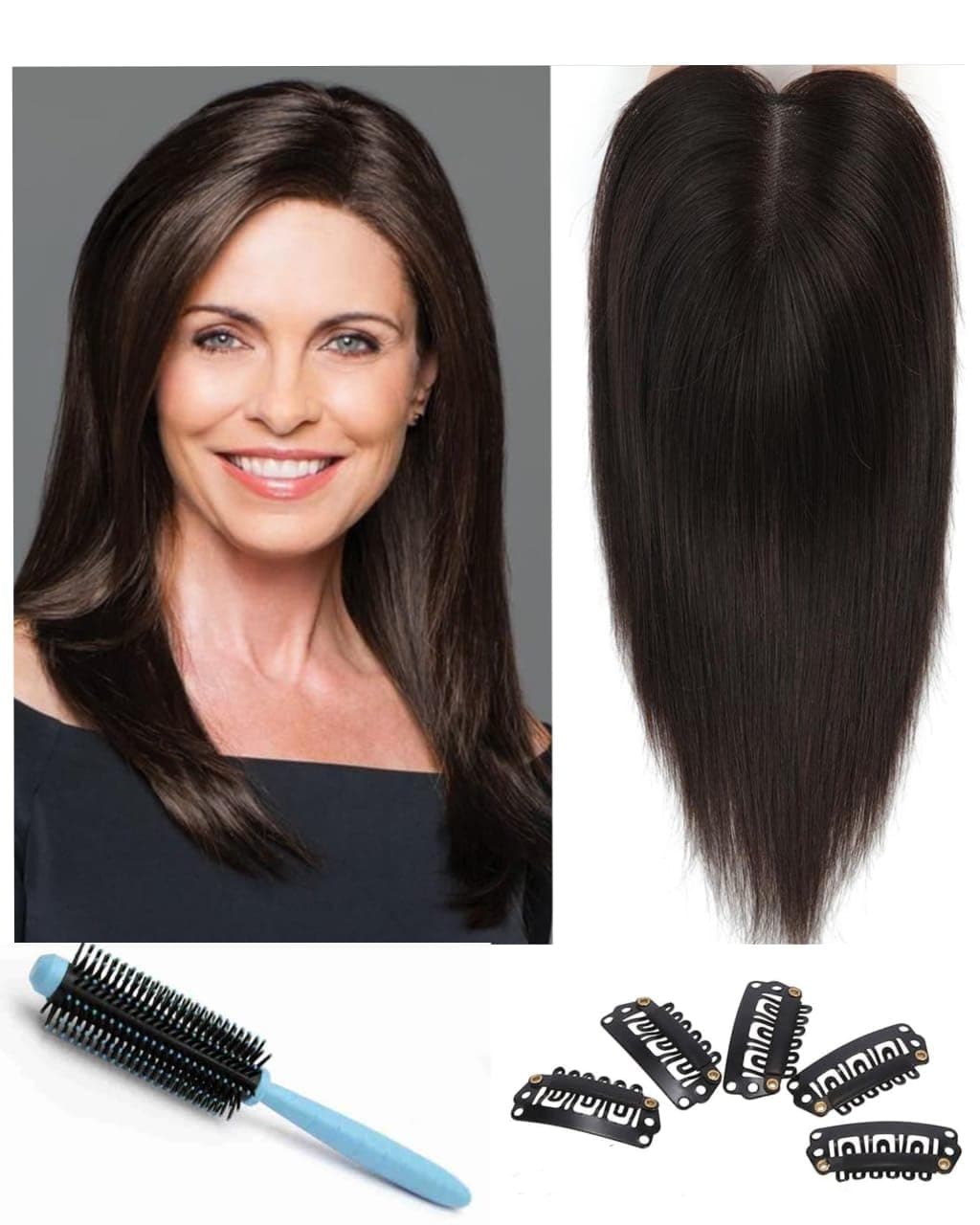 Women's Synthetic Middle Part Hair Topper/Hair Wig 3.5" x 4" Silk Base 4 Clip in Straight for Thinning Hair,16 Inches Long, Black Color+ 05 Snap Clips + 01 Hair Brush