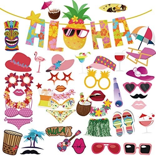 Luau Aloha Pineapple Banner with Hawaiian Photo Booth Props（46 Pcs),Luau Colorful Summer Tropical Flowers Pool Beach Party Decorations Supplies for Birthday Baby Shower Wedding