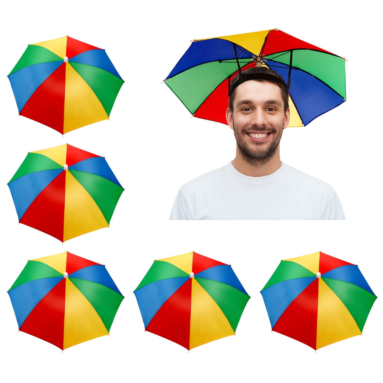 5 Pcs Rainbow Umbrella Hat, Head Umbrella Hat Fishing Umbrellas Hats Adjustable Umbrellas Hats with Elastic Band for Outdoor Golf Camping Gardening Festival Essential Adult Kid