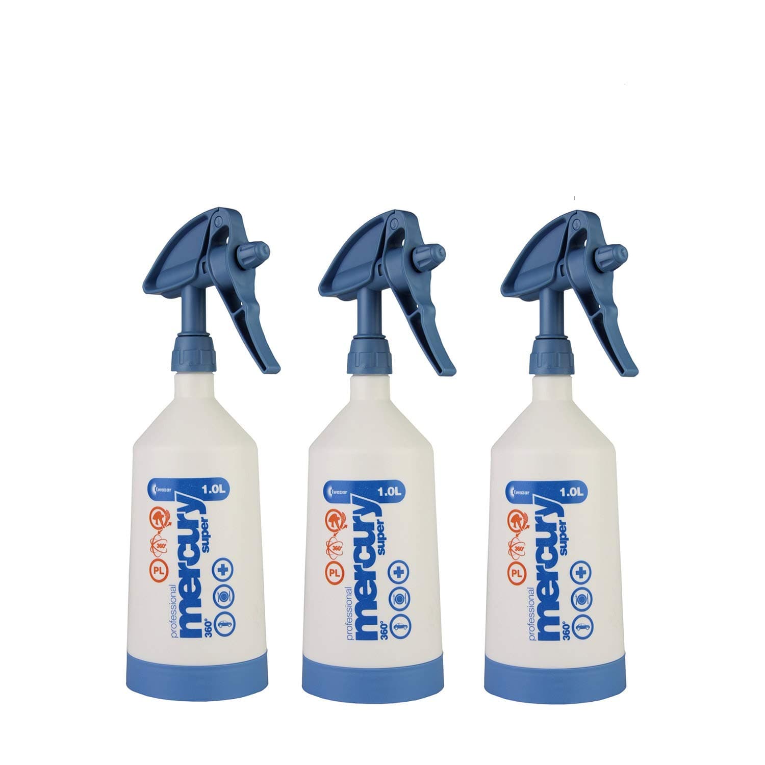 Pack of 3 Mercury Super Pro + 360 Degree Viton Blue Spray Bottle 1.0 Litres