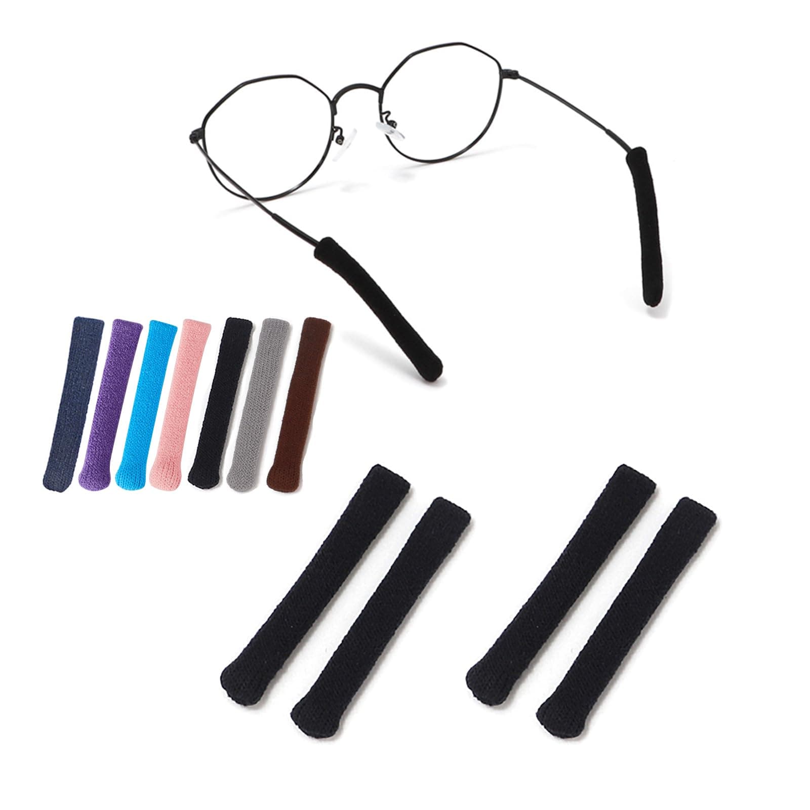 Upgrade Soft Knitting Cotton Fabric Glasses Ear Cushion, Anti-Slip Elastic Comfort Eyeglasses Temple Tips Sleeve Retainer, Eyeglass Ear Cushions Grips for Glasses Sunglasses Eyewear(2pairs Black)