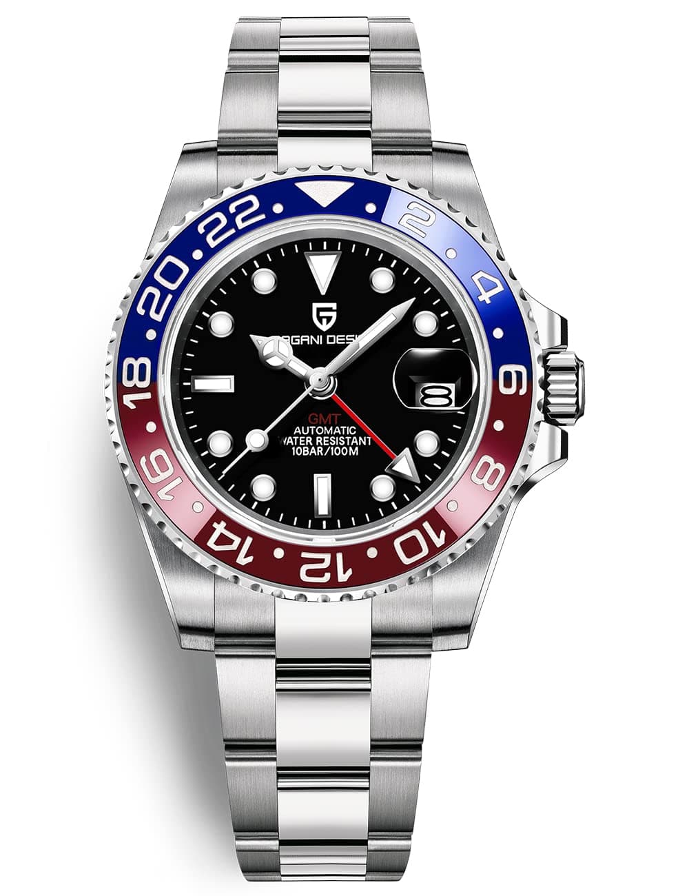 PAGRNE DESIGN Men Watch Pagani GMT Watches for Men Automatic 40MM Date 100M Waterproof Stainless Steel Sapphire Glass Mechanical Wristwatches PD-1662(3 Blue Red)