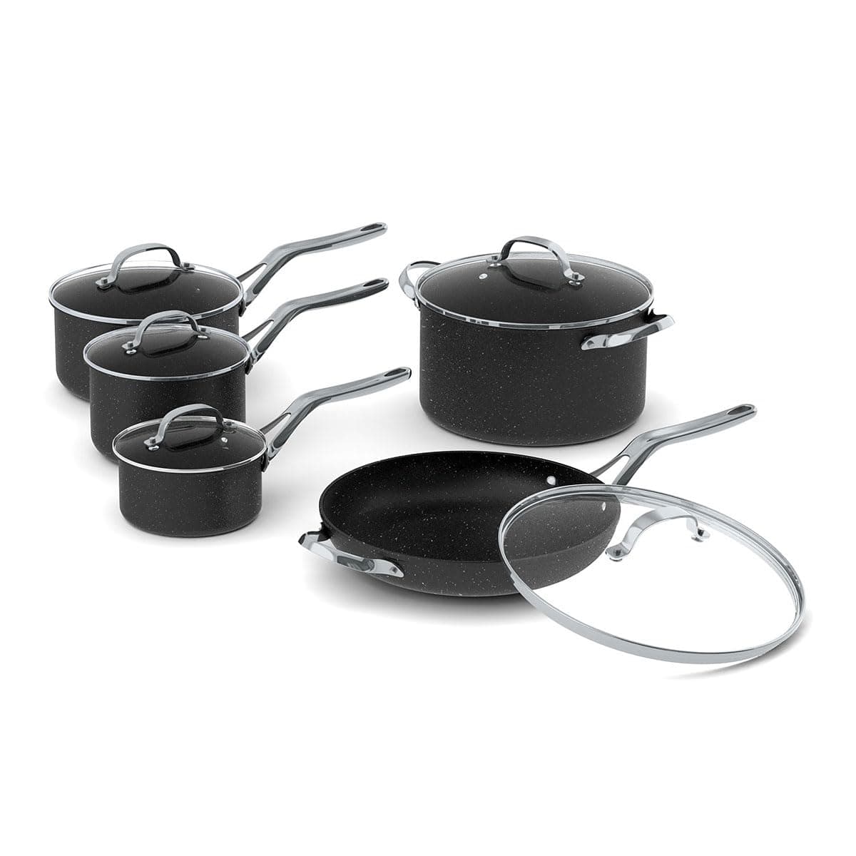 The Rock 10PC Non-Stick Cookware Set - Durable Forged Aluminum - Oven Safe - PFOA Free - Easy to Clean - Black