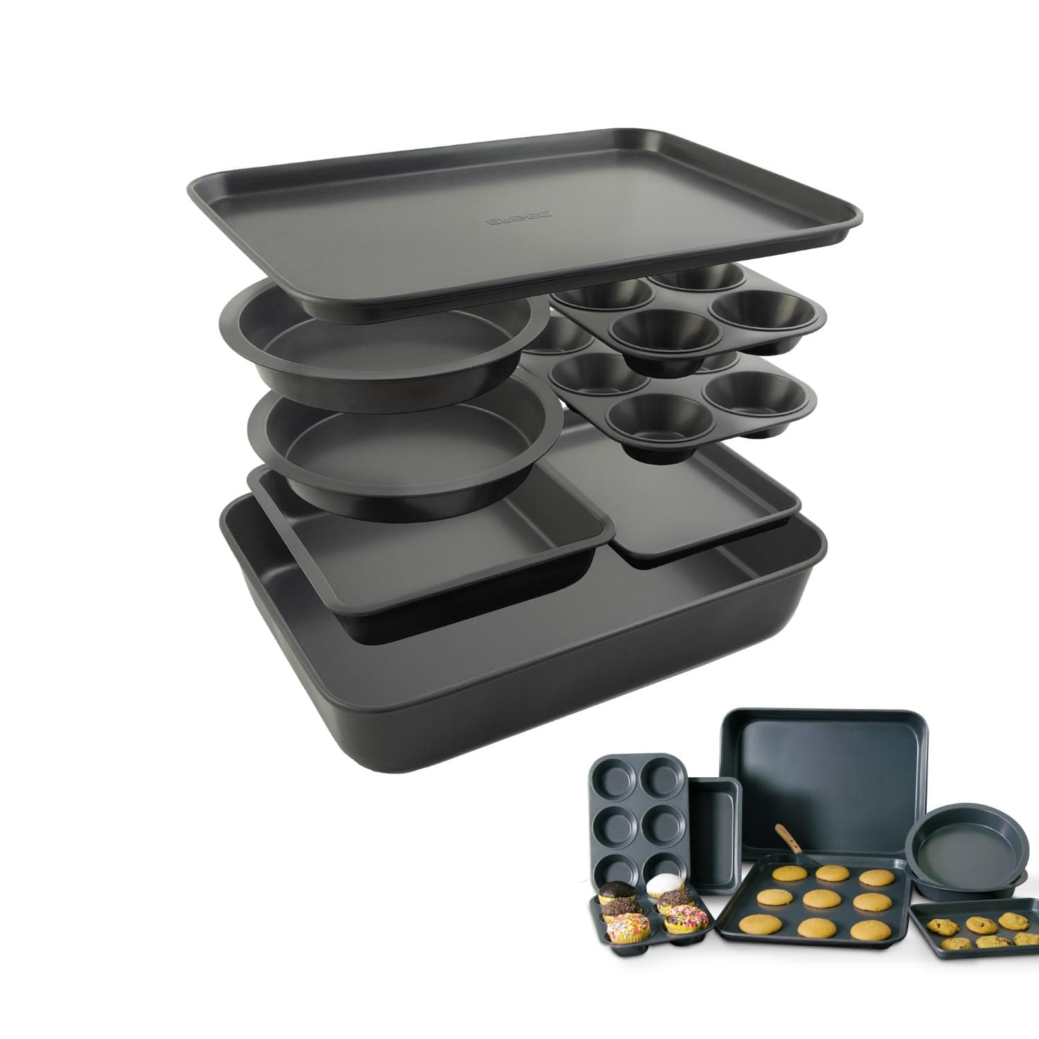 - Elbee Home 8-Piece Nonstick Aluminized Steel, Space Saving Baking Set, With Deep Roasting Pan, Cookie Sheet, Cake Pans, Muffin Pans and Baking Pan PFOA & PFOS Free, Holiday Gift for Her