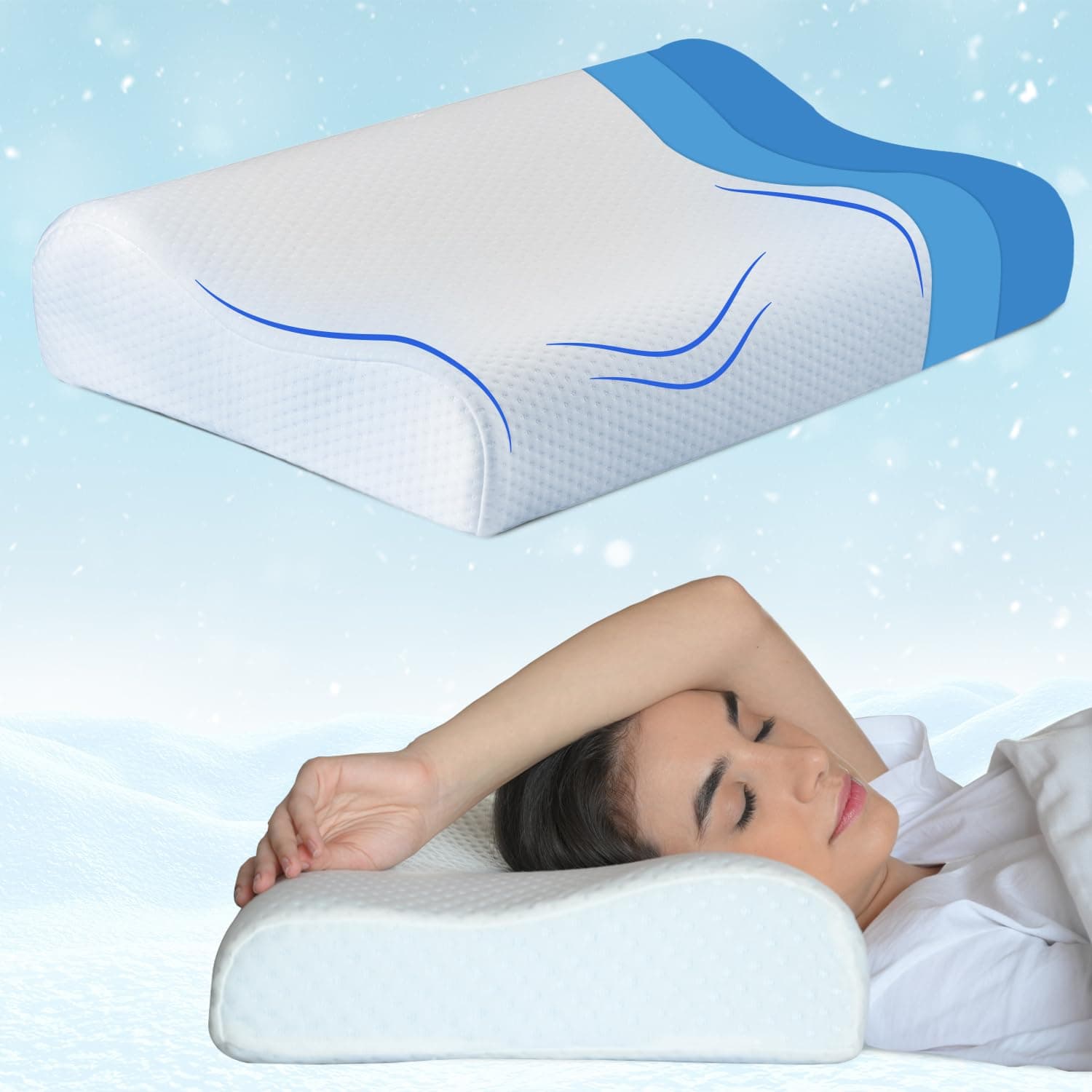 Sleepsia Breathable Cooling Gel Contour Memory Foam Pillow (21"X13.7"X3.7") 1 Year Warranty | Neck Support Cervical Pillow for Pain - Orthopedic Ergonomic Support for Side, Back and Stomach Sleepers