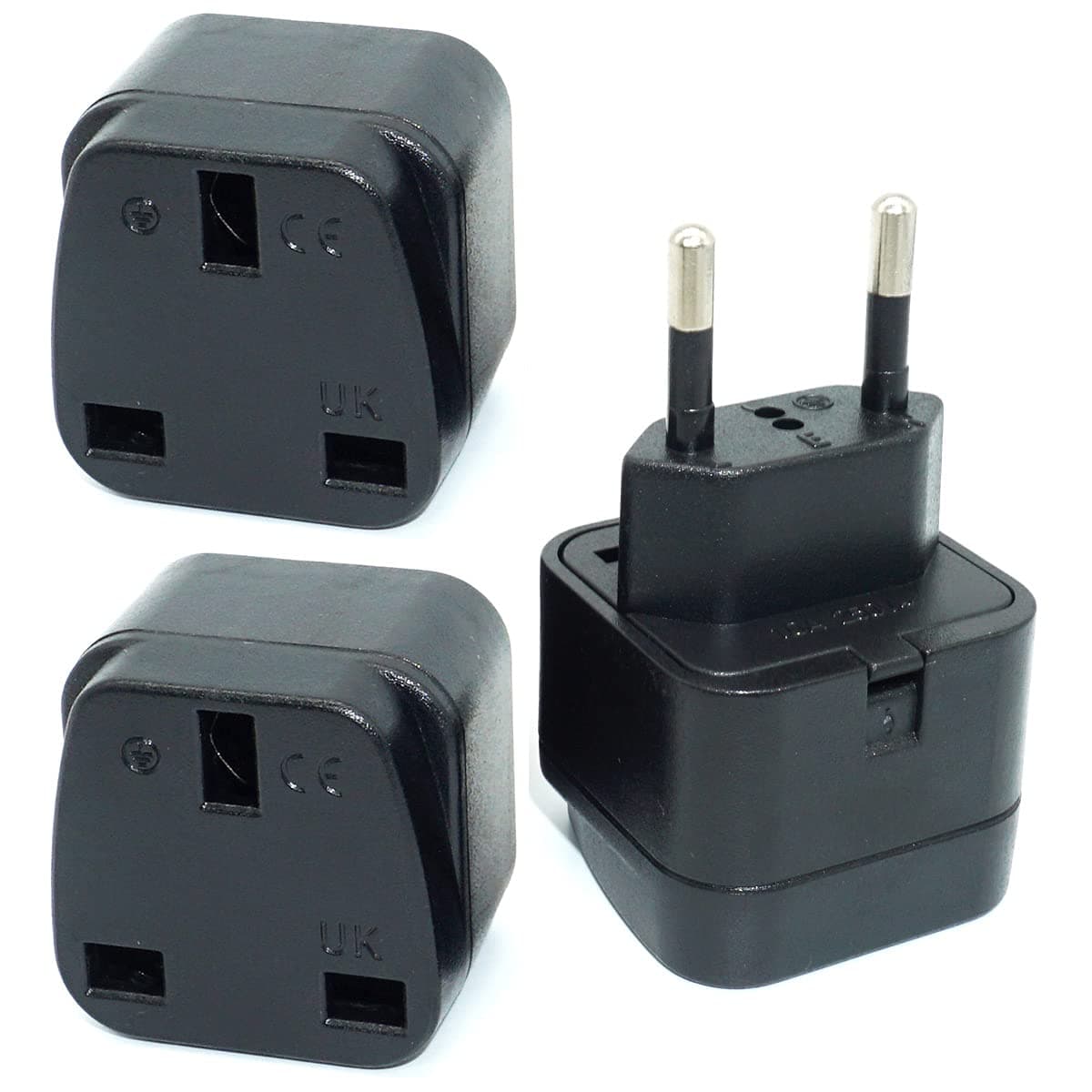 GOMMLE KSA/UAE/UK to EU/Germany/France (Type C Round pin) Plug Adaptor, 3-pin KSA/UAE/UK Plug Convert to 2-pin EU/Germany/France/Italy/Spain Socket with Safety Shutter (3 Pieces, Black)