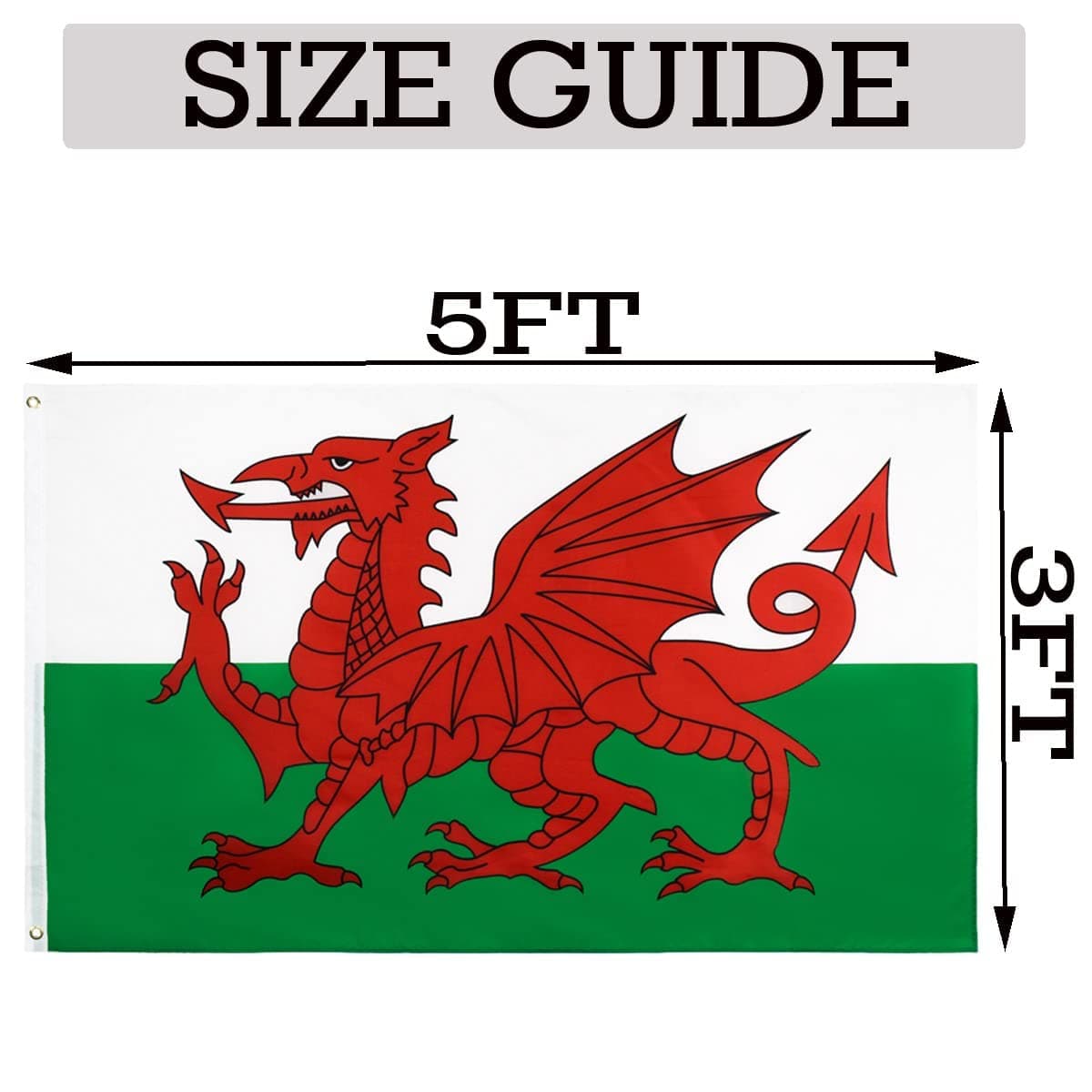 SHATCHI Large 5 x 3Ft Wales Flag Welsh Dragon Cymru National Flag Polyester Fabric Brass Eyelets for FIFA World Cup For Football Rugby Sports Supporter, Red,Green,White