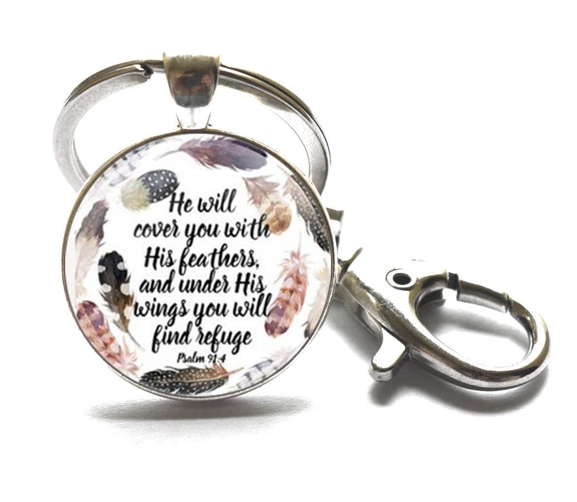 Scripture Key Ring Keychain"He Will Cover You with his Feathers, and Under his Wings You Will find Refuge. Psalm 91:4"， Psalm 91:4 Christian Jewelry Christian Keychain.XT130 (A)