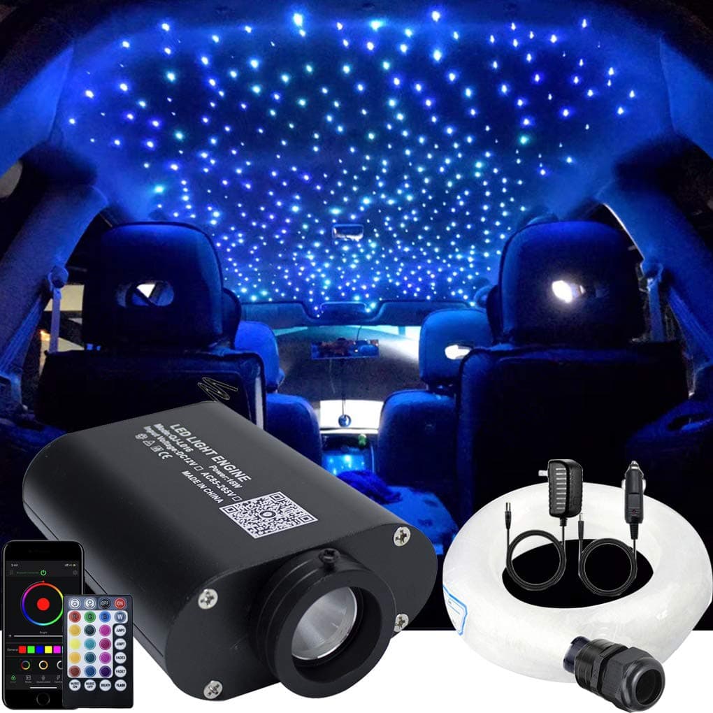 AZIMOMLED Bluetooth 16W RGBW Fiber Optic Light Star Ceiling Kits 150pcs 0.03in 6.5ft Sensor Music Mode Remote/APP Control Car Use Home Headliner Lighting Decoration