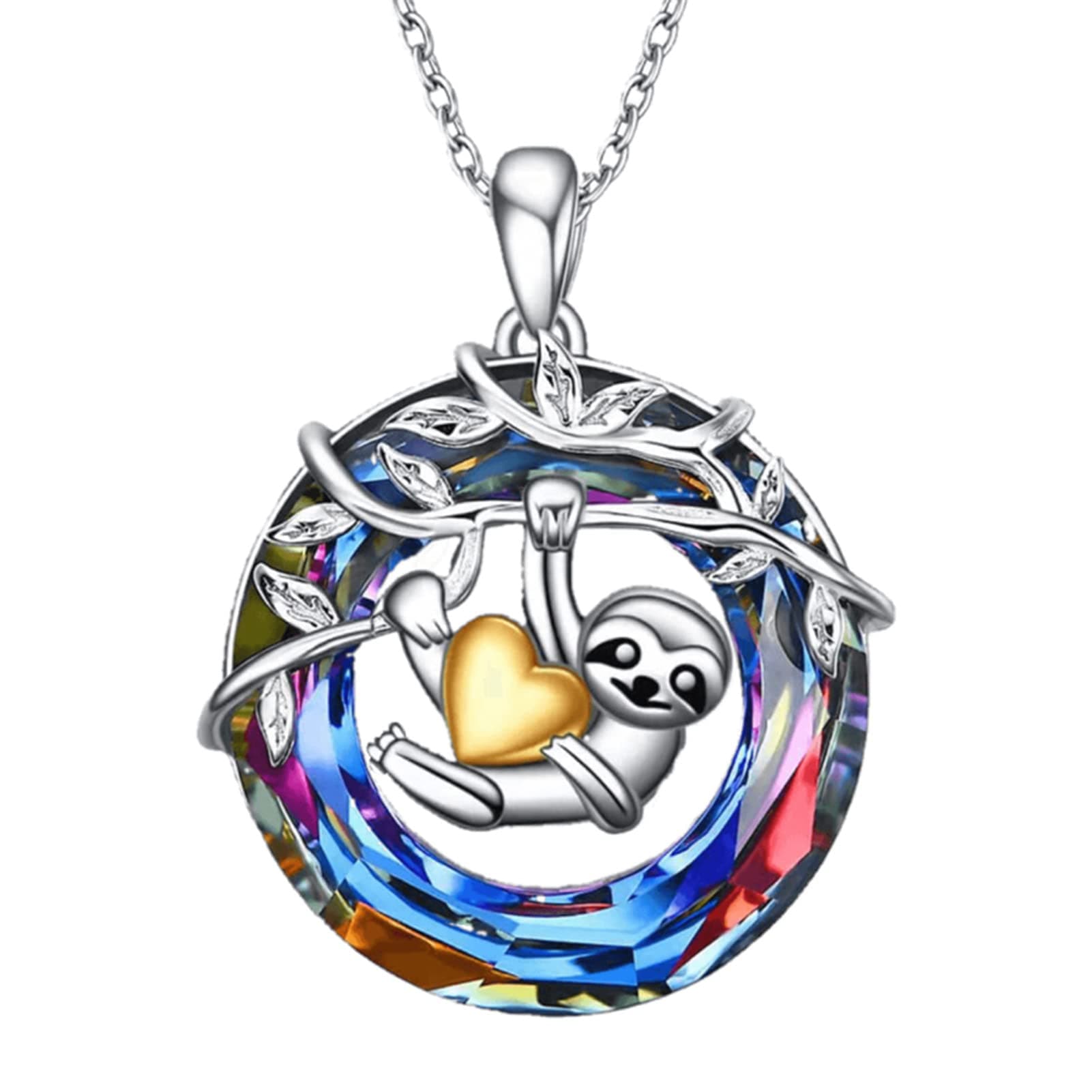 Rousa Silver Life Tree Necklace with Sloth, Colorful Crystal Pendant with Star, Jewelry Gifts for Women Her Wife Girl