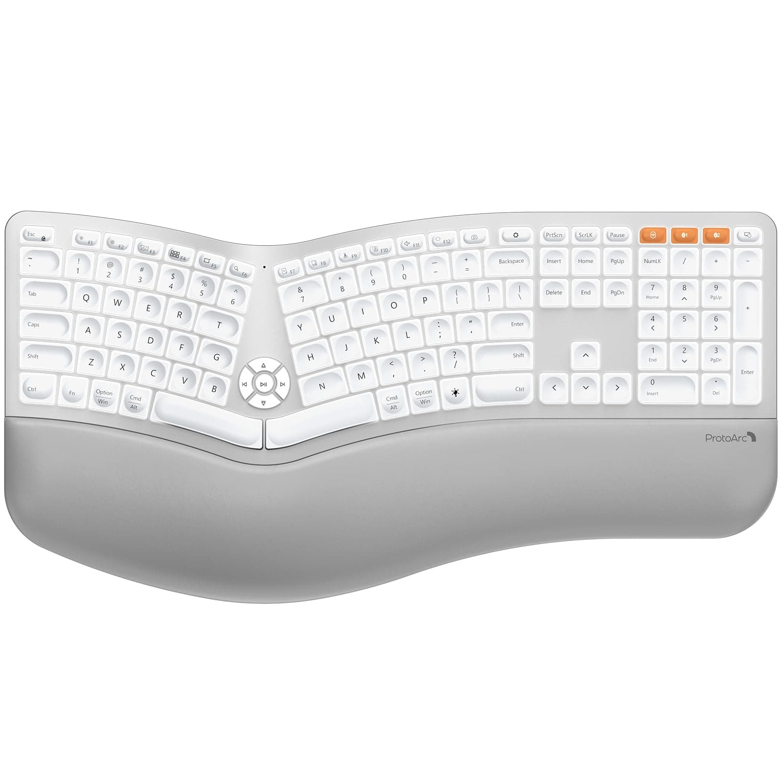 ProtoArc Backlit Wireless Ergonomic Keyboard, EK01 Plus Full Size Ergo Keyboard with Wrist Rest, Split, Rechargeable, Bluetooth and USB, Natural Typing Compatible with Windows/Mac/Android, White