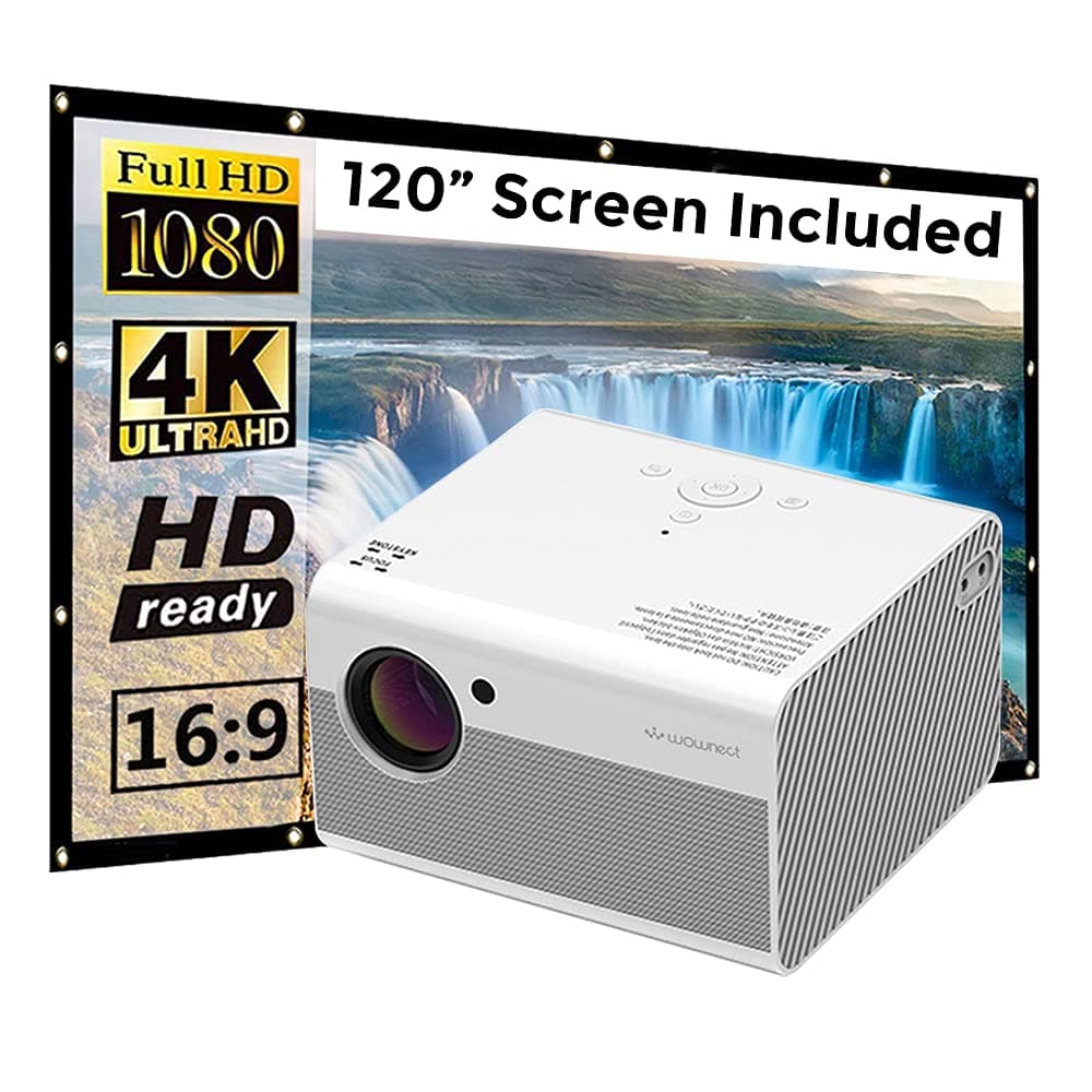 Wownect Projector [4500 Lumens/Ideal Screen Size upto 200 inch] for Small/Big Room [Native Res 1080P/FULL HD] Home Theater Gaming Portable Projectors with 120 inch Projector Screen - White