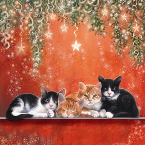 'Warm Glow' Black & White and Ginger Cat 10 pack of small square Christmas cards