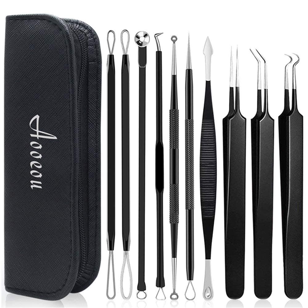 10PCS Blackhead Remover Tool Kit, Aooeou Professional Pimple Comedone Extractor Popper Tool Acne Removal Kit - Treatment for Pimples, Blackheads, Zit Removing, Forehead and Nose (black)