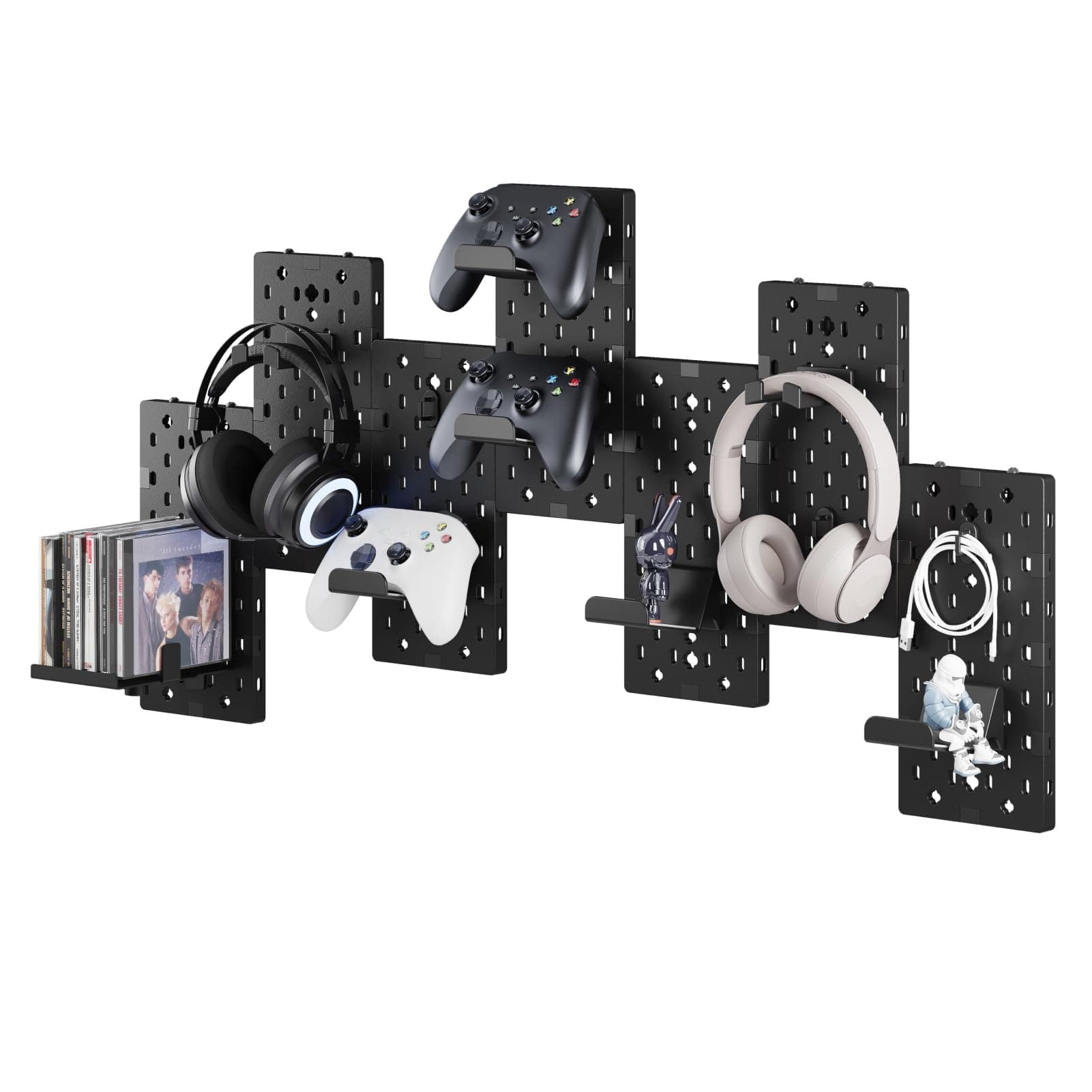 Controller and Headphone Holder Wall Mount, Modular Gaming Pegboard with Accessories, Controller Stand for Xbox PS5 PS4 Switch, Video Game Storage, Disc Shelf Organizer, 7pcs Pegboard, Black