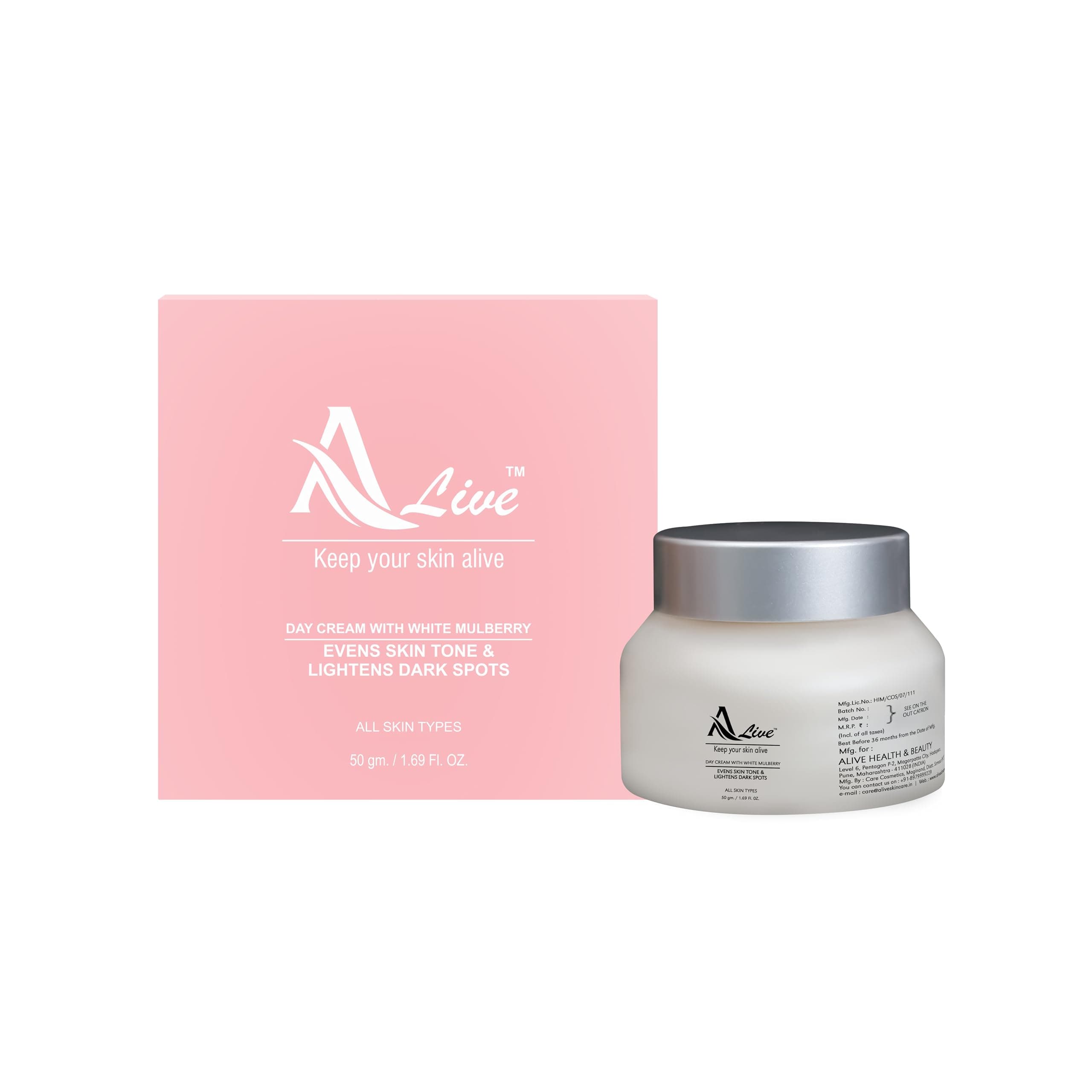 Alive Health & Beauty Day Cream With MORUS ALBA ROOT EXTRACT (WHITE MULBERRY) AND OLIVE LEAF EXTRACT - Evens Skin Tone & Lighten Dark Spots (50 g)