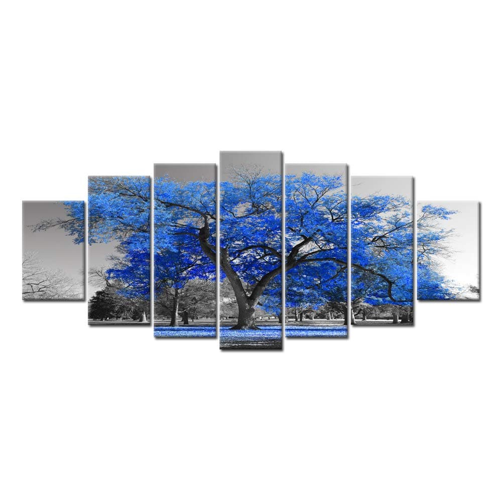 KREATIVE ARTS Extra Large Canvas Artwork for Home Walls 7 Pieces Canvas Wall Art Blue Tree Landscape Black and White Picture Prints Framed and Stretched Painting Wall Decoration