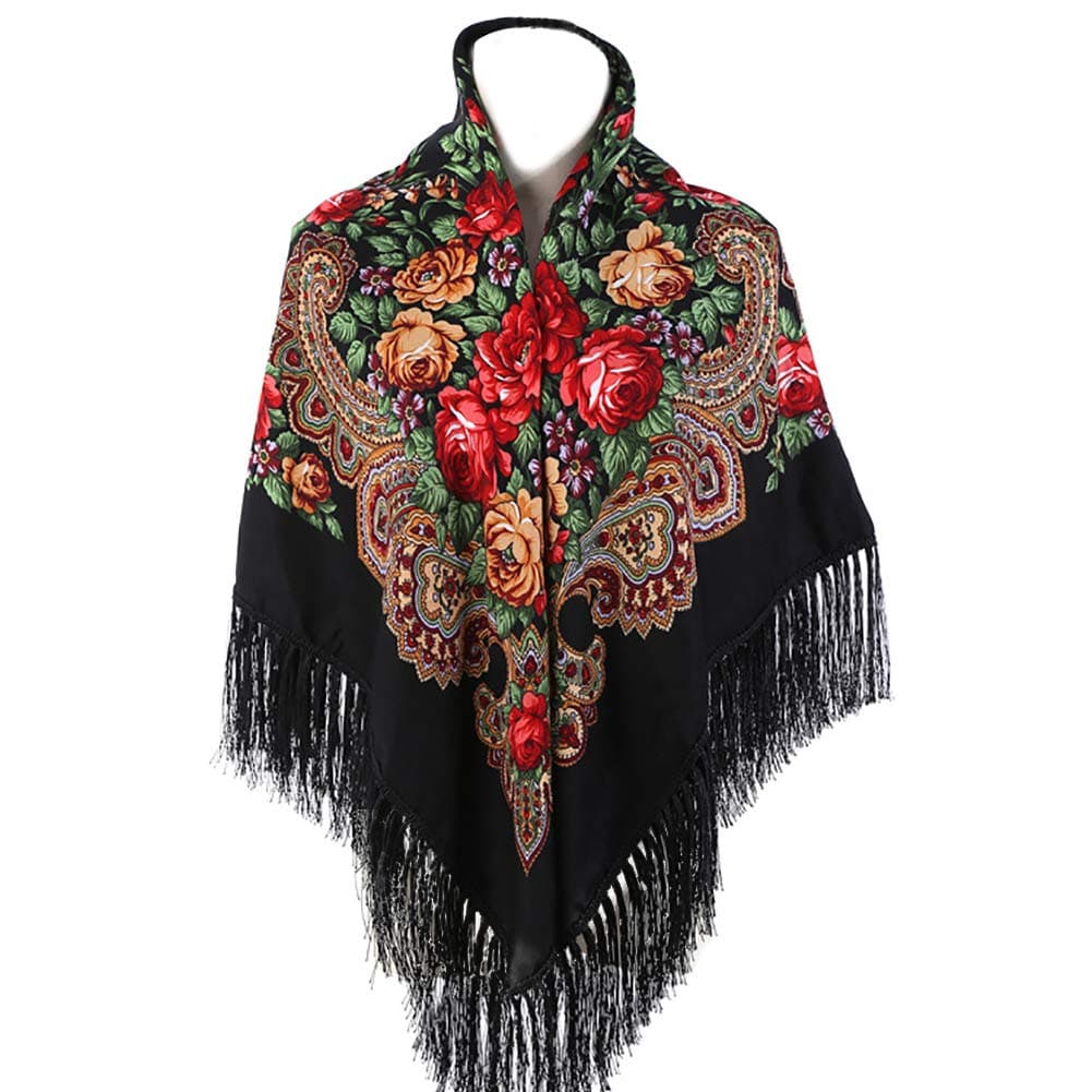 Women's Traditional Scarf Wrap Tassel Shawl With Fringes - Retro Floral Printing Neck Head Poncho