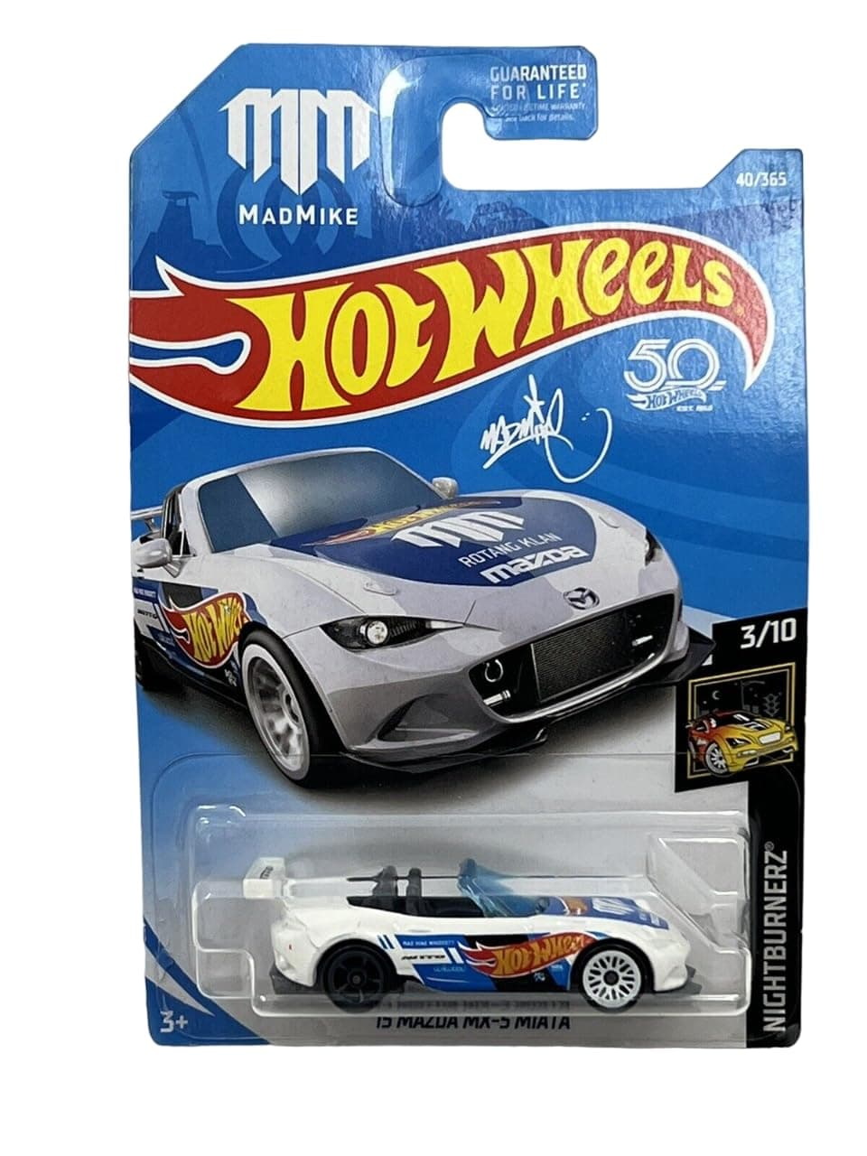 Hot Wheels 2018 50th Anniversary Nightburnerz 15 Mazda MX-5 Miata (Mad Mike) 40/365, White