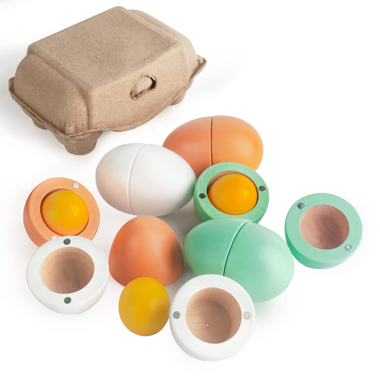 WHOHOLL Wooden Play Eggs Toy, Play Food Sets for Kids Kitchen, Durable Wood Eggs with Magnetic Separable Yolk, Pretend Play Kitchen Toy Food for Toddlers Boys Girls Gifts