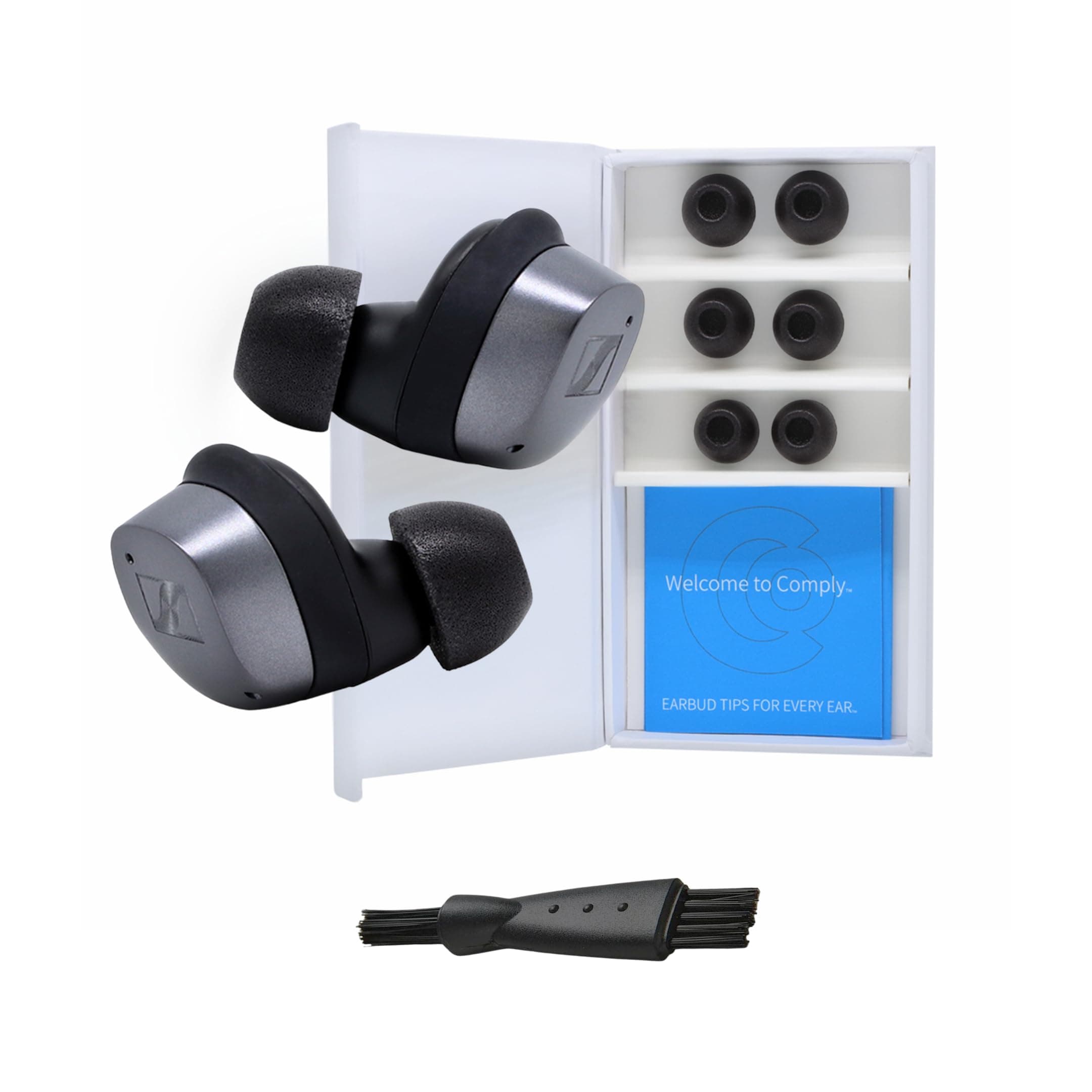 TrueGrip | Premium Memory Foam Replacement Earbud Tips for Sennheiser Momentum 3, 4, ACCENTUM | Enhanced Comfort, Secure Fit, Superior Noise Isolation, Cleaning Tool | Black (S/M/L) (3 Pairs)