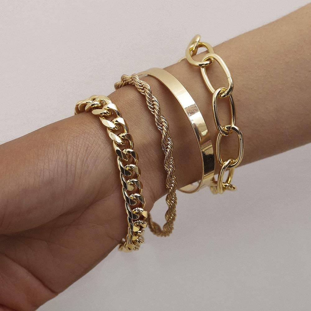 fxmimiorDainty Boho Gold Silver Chain Bracelets Set for Women Adjustable Fashion Beaded Chunky Flat Cable Chain Punk Bracelets Jewelry for Women Gift Set of 4