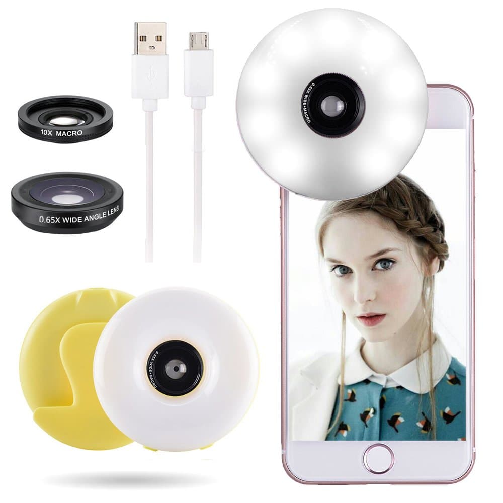 3 in 1 Rechargeable Selfie Ring Light Lens for Phone, Quarkware Clip On 3 Lighting Levels Selfie Warm White LED Bright Ring Light w/Telephoto Wide Angle Macro Lens for Smart Cellphone (Yellow)