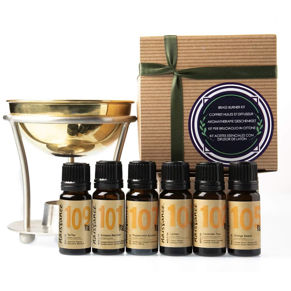 Naissance Aromatherapy Gift Set - Brass Oil Burner and 6 Pure Undiluted Essential Oils (Lavender, Tea Tree, Lemon, Orange, Peppermint and Eucalyptus Essential Oils) Home Fragrance