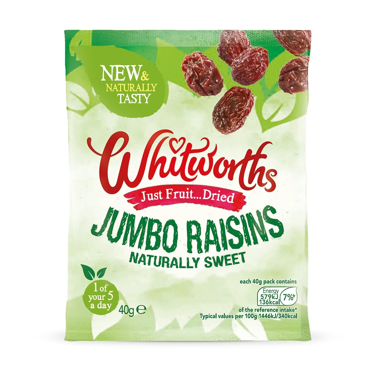 Whitworths Raisins | Incredibly Juicy Jumbo Raisins | 18 Pcs (40g Each) | Healthy Snack | Vegan, Non-GMO, Gluten Free | 1 of 5 a Day