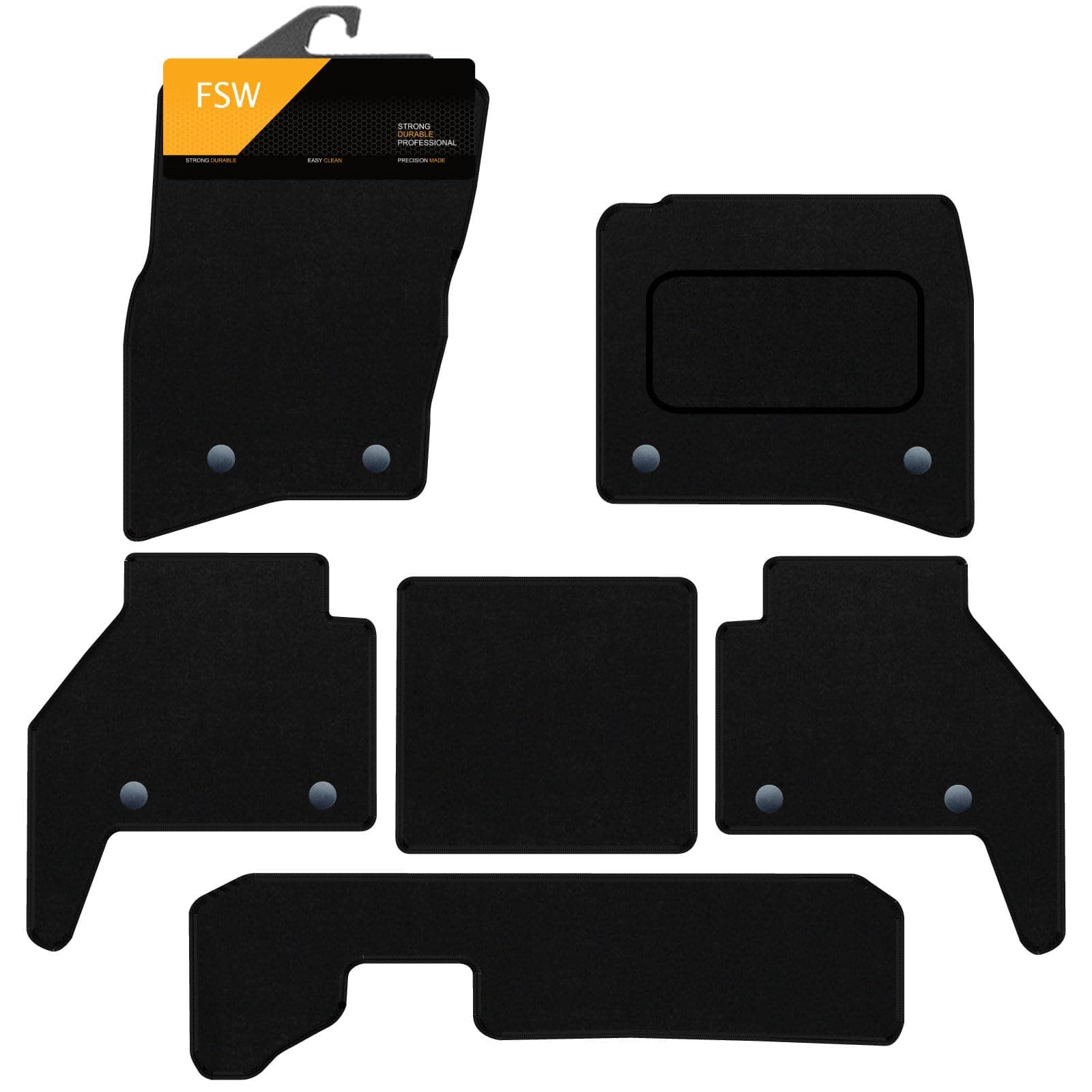 FSW - Tailored Mats - Fits LANDROVER Defender 110 2020-On LWB Black Carpet - Non Slip Mat, Fitted With Clips, Granulated Backing & Edged With Black Cloth Binding - 6 Pc Floor Mats