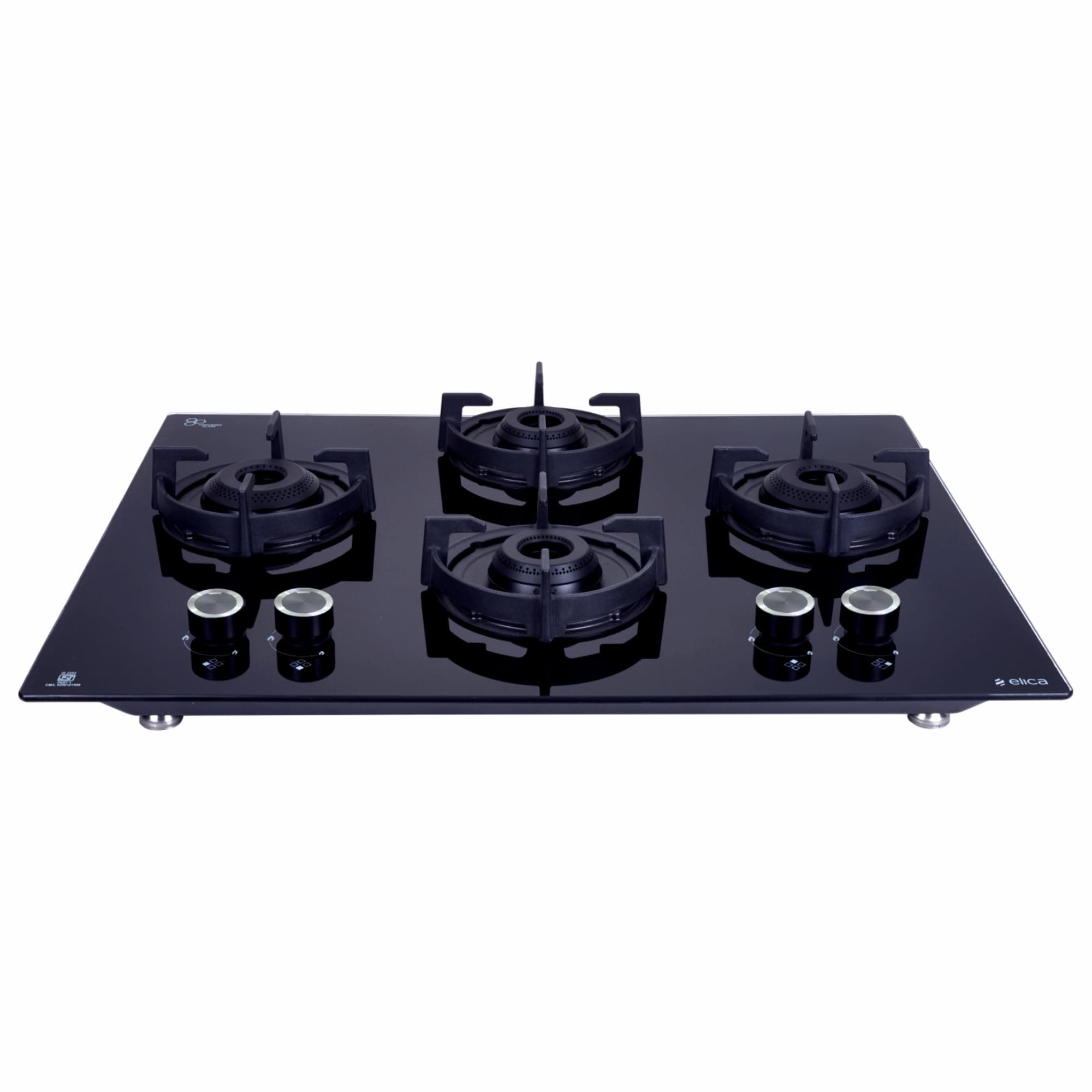 Elica 70cm 4 Burner Auto Ignition Hob | FLEXI 470 LOTUS IND HD BRASS | SABAF Burners | Cast Iron Pan Support with Heat Guard | 8mm Toughened Glass | 10-Year Burner Warranty | Black